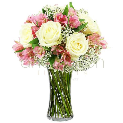 Adele white roses, pink alstroemerias WITH OUT VASE