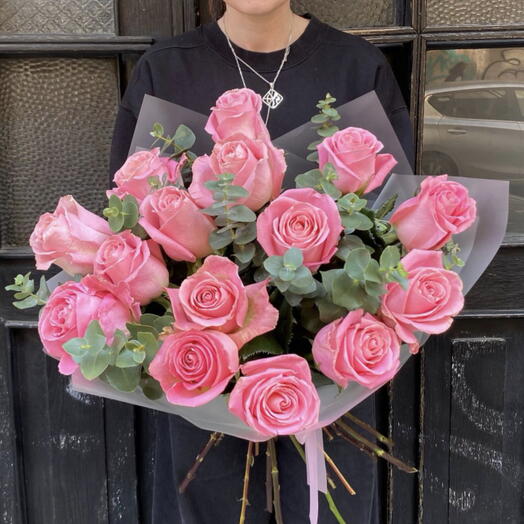 Bouquet of Pink Roses with Eucalyptus