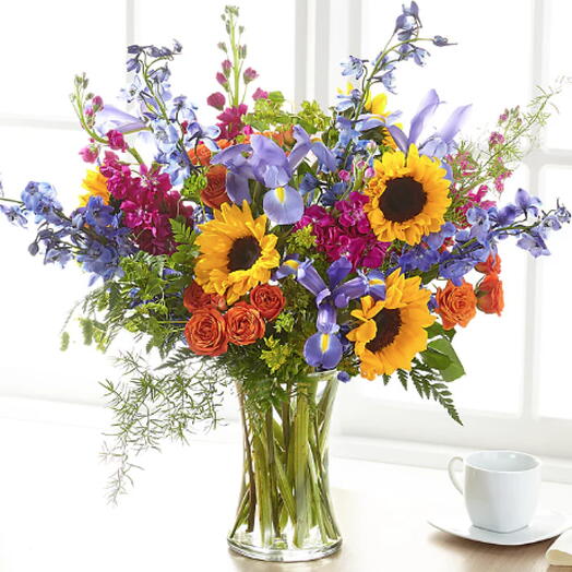 Rays of Life Bouquet (sunflower, delphinium, spray roses, stock + vase)