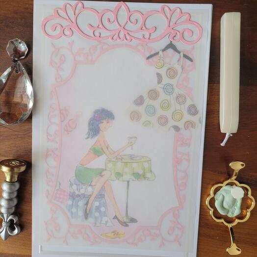 Full size greeting cards girl in green, with vellum