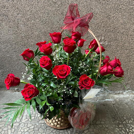 20 stems of roses basket with dessert