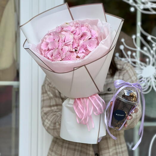 Букет розовой гортензии, печенье - Меломакарона 500 гр