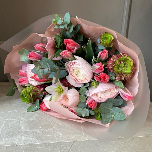 Bouquet of tulips and  ranunkulus
