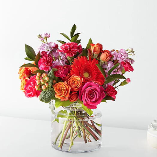 Fiesta Bouquet (gerbera, rose, spray rose, stock + vase)