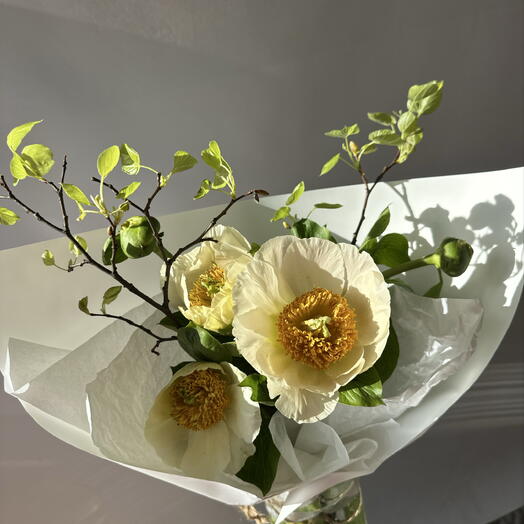 Peonie i gałęzie wschodzącego księżyca