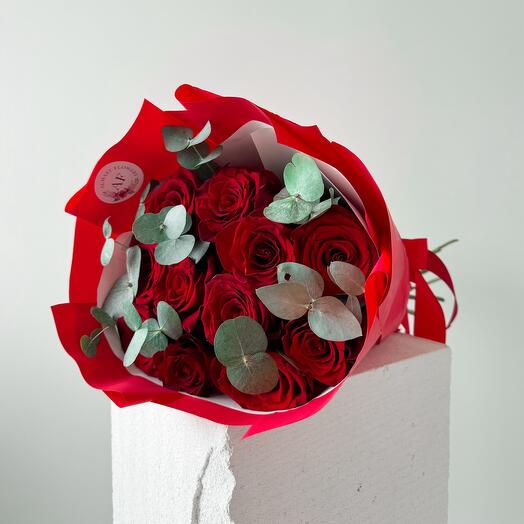 Red roses with eucalyptus
