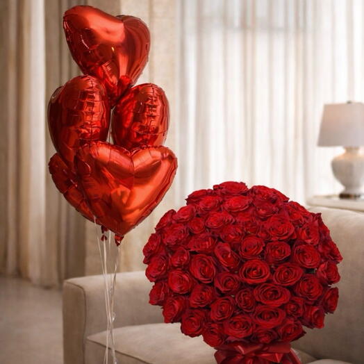 Set with 5 Balloons and 50 Red Roses – Premium Romantic Gift