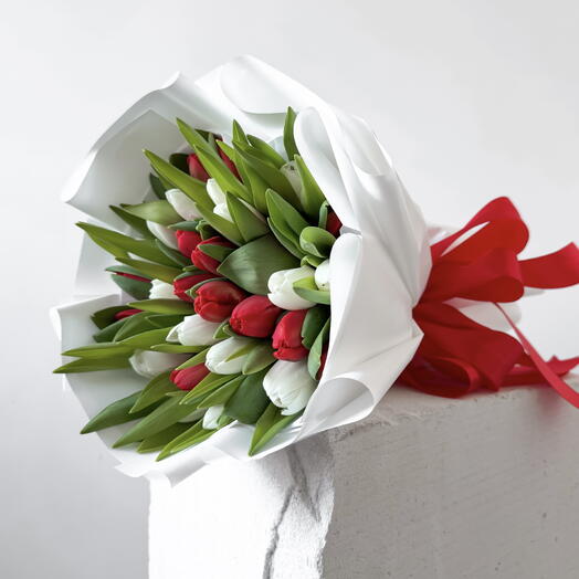 Red and pink tulips 31 pcs