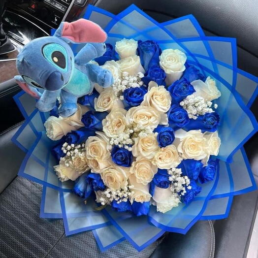 Cute blue toy bouquet with roses