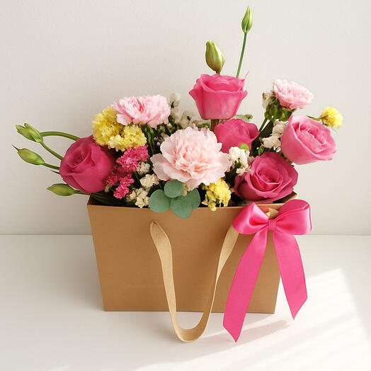 Bolsa Floral Premium con Rosas, Lisianthus y Claveles – Arreglo Elegante para Regalo