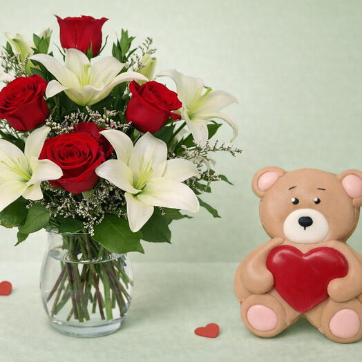 Roses Among Fragrant Lilies with Handmade Gingerbread Teddy Bear