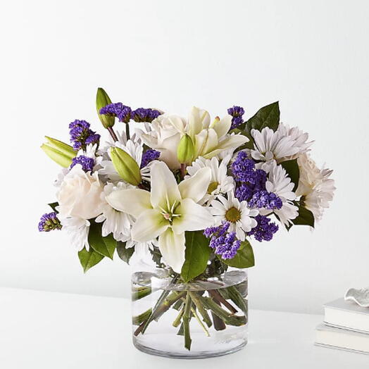 Beyond Blue Bouquet (lily, mums, white rose + vase)