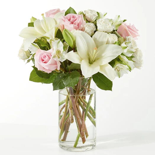 Kindhearted Bouquet (lily, rose, spray rose + vase)