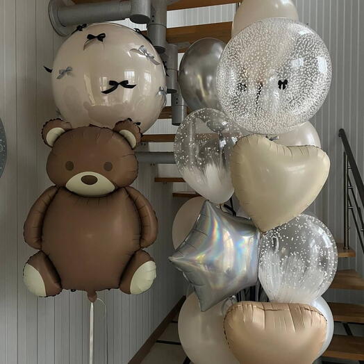 Silver and Beige Balloons with Teddy Bear