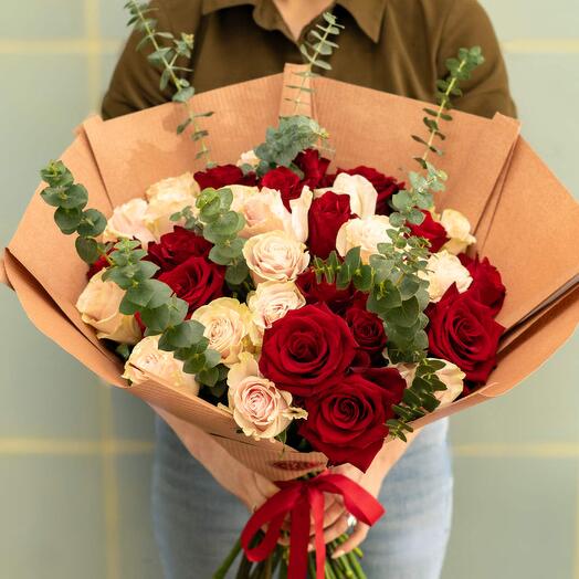 33 roses  eucalyptus