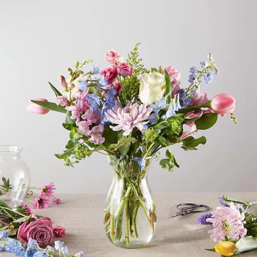 Spring Tradition (tulips, mums, rose, lisi + vase)