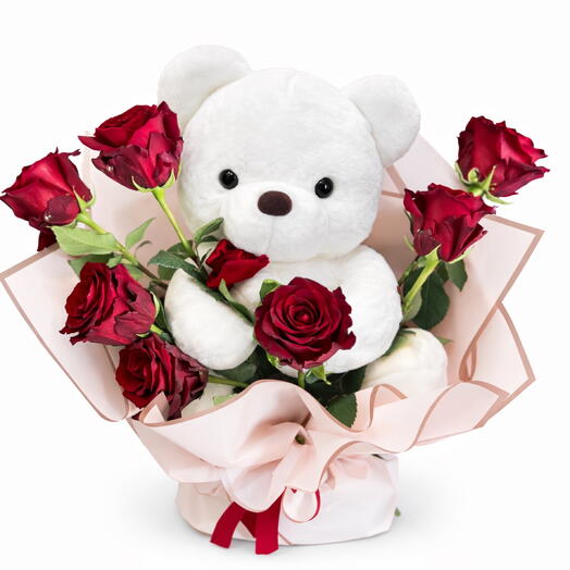 White teddy 35cm with roses