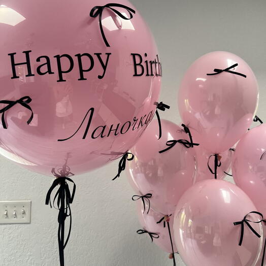 Pink giant Balloon Happy Birthday with black bows and 6 small balloons
