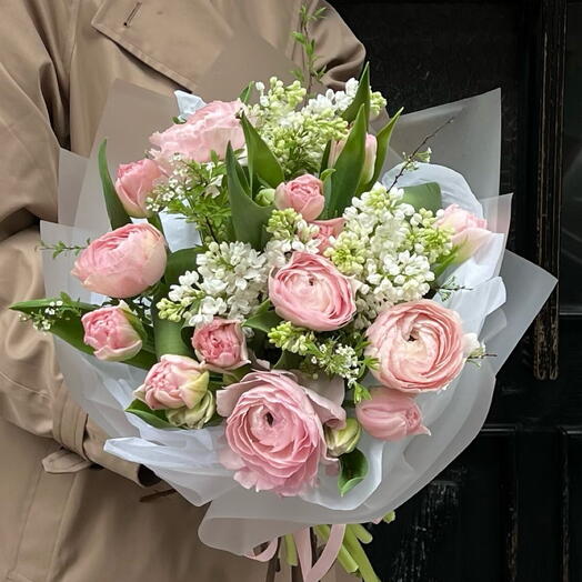 Ranunculus 5 Pink + Tulipa 9 Pink + Lilac