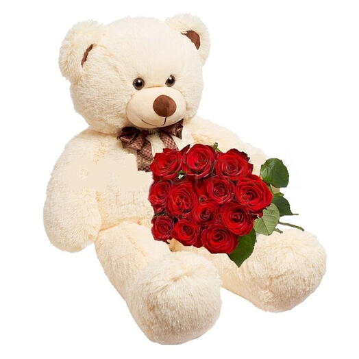 Red roses with beige teddy bear 45cm