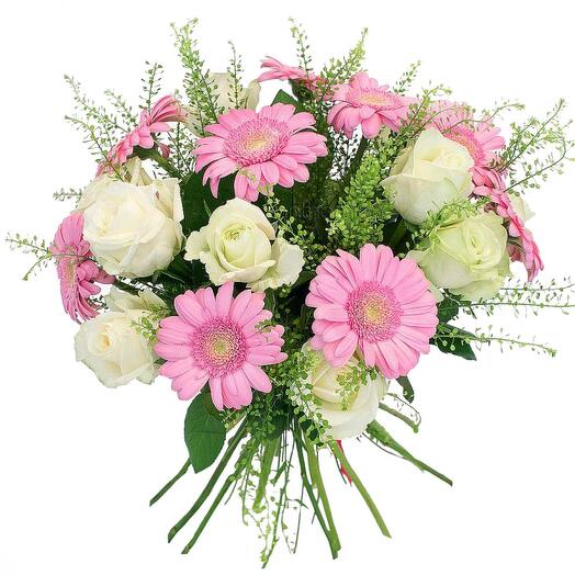 Ismene with white roses and pink gerberas