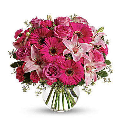 A Little Pink Me Up (gerbera, lilies, roses + vase)