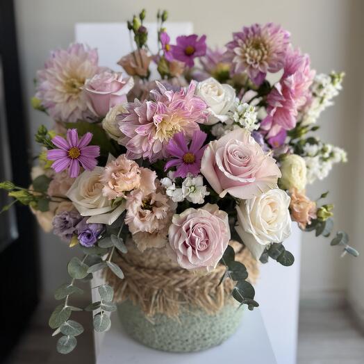 Pastel blooms in a basket