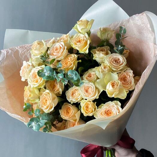 Creamy Beige with peony beige spray roses and eucalyptus