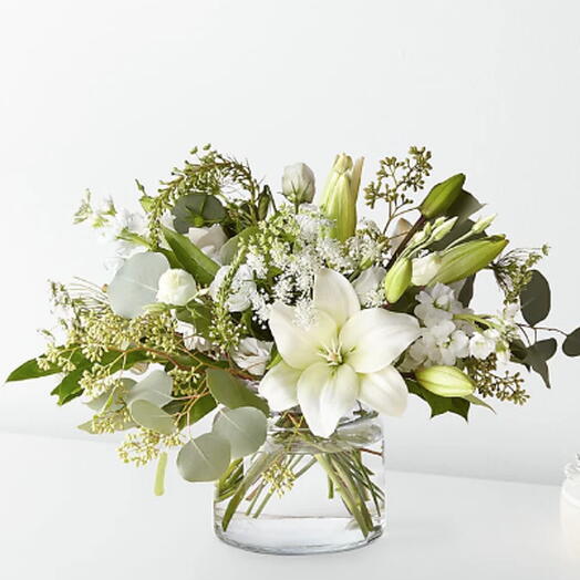 Alluring Elegance Bouquet (lily, stock, lisi, eaucaiptus + vase)