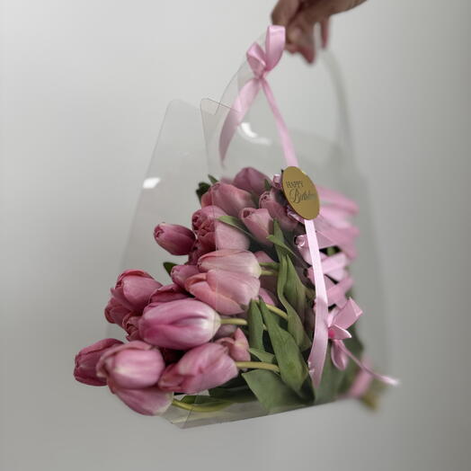 Spring Charm: Tulips in a Clear Bag with Pink Ribbon