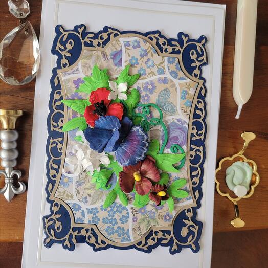 Greeting card  navy blue sweet pea  and flowers 3D