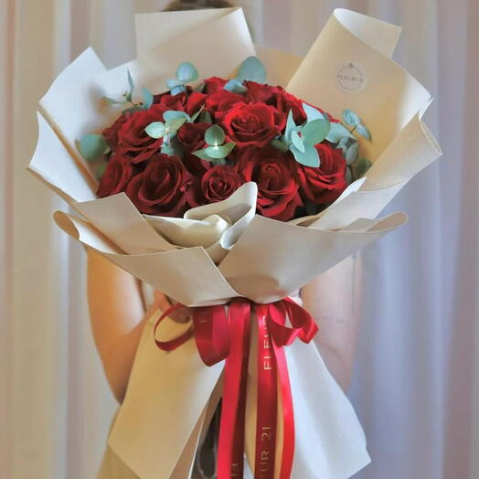 Red roses with eucalyptus