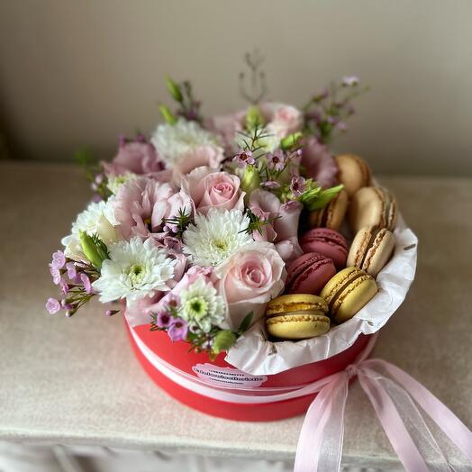 Gift Box With Fresh Flowers and Macarons