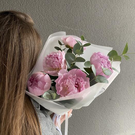 5 pink peonies with eucalyptus