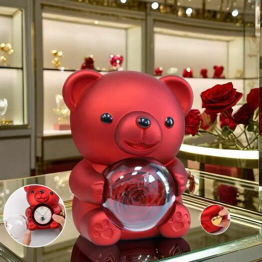 Luxury pink Teddy Bear Gift Set with Preserved Rose Stainless Steel Ring/Necklace
