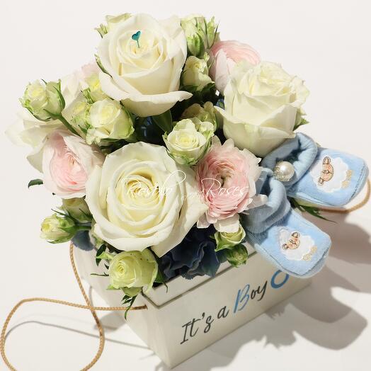 Baby Boy Box, filled with beautiful Flowers, all in white, cream and blue colours