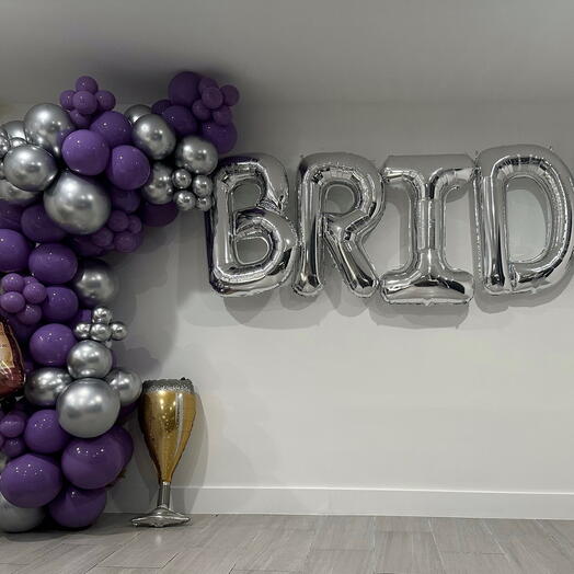 Гирлянда из воздушных шаров для невесты длиной 12 футов, с надписью "Невеста", 2 серебряных шара в форме шампанского, цвета - серебряный и фиолетовый.