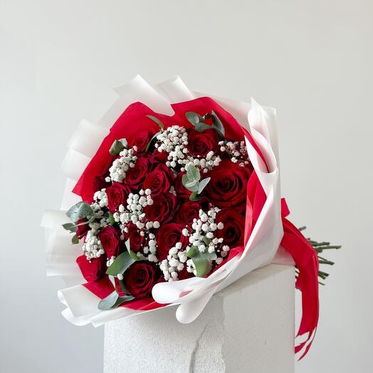 21 red roses with gypsophila and eucalyptus