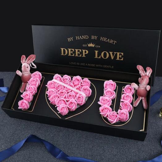 🌸 Elegant Box with 29 Pink Roses 🌸 with LED Lights   2 Plush Bunnies – The Perfect Romantic Gift 💕