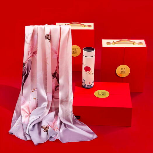 Shanghai Story Lily Gray Pink Silk Scarf + Thermos Gift Box
