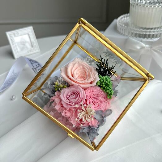 Wurfel-Terrarium rosa Blumen