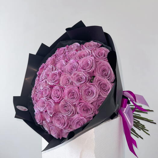 Purple glitter roses bouquet 51pcs