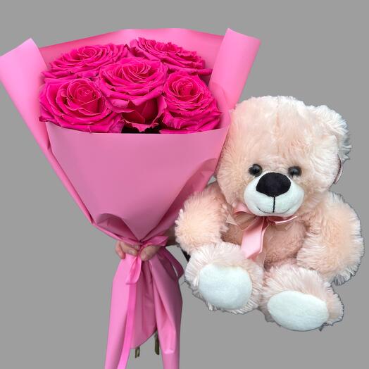 Set of 5 roses plus a teddy bear