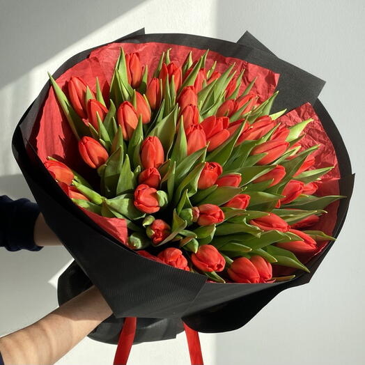 Sorriso Rosso Fioritura 50 tulipani in involucro nero