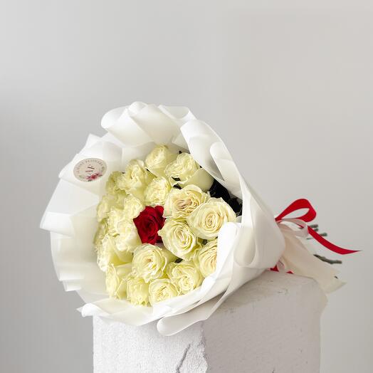 21 white roses with red rose