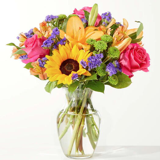 Joyful Bouquet (sunflower, rose, mums, orange lily + vase)