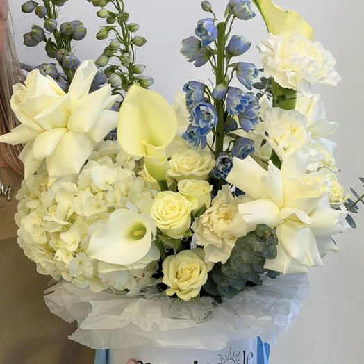 Blue dreams - Hydrangea, French roses, Delphinium, Spray Roses, Callas, Carnations