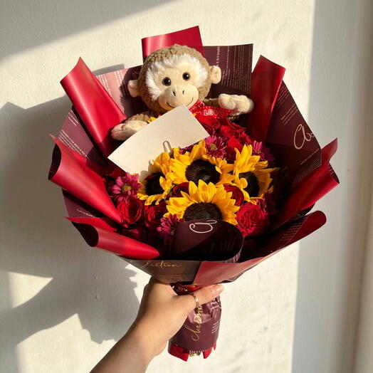 Ramo Changuito Carinoso – Bouquet con Girasoles, Rosas Rojas y Peluche | Regalo Romantico y Original en Mexico