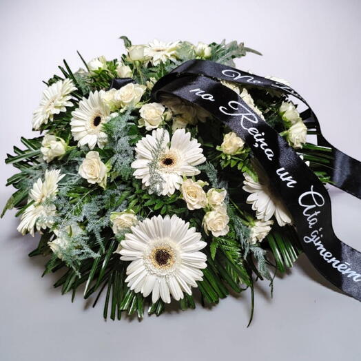 Funeral Wreath with White Gerberas   Spray Roses — with Personalized Ribbon