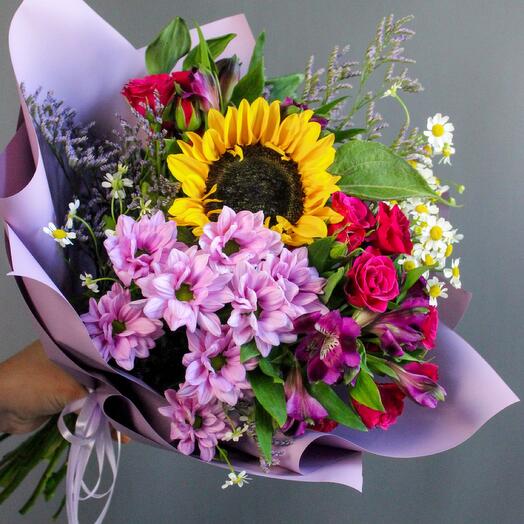 Frutty Day with spray roses, mams and sunflower